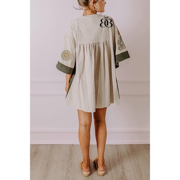 Beige & Green Boho Embroidered V Neck 3/4 Sleeve Babydoll Mini Dress - Picture 8 of 16